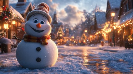 Obraz premium A joyful, smiling snowman in a winter wonderland, ideal for a Merry Christmas and Happy New Year holiday greeting card.