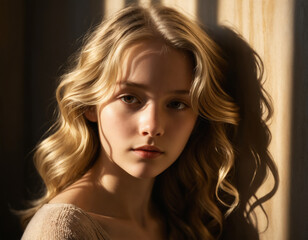 Naklejka premium portrait of a girl with wavy blonde hair with sharp, bright beams of sunlight