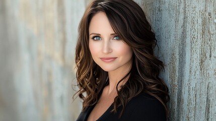 Attractive woman with long brown hair and blue eyes, leaning against a weathered wall.