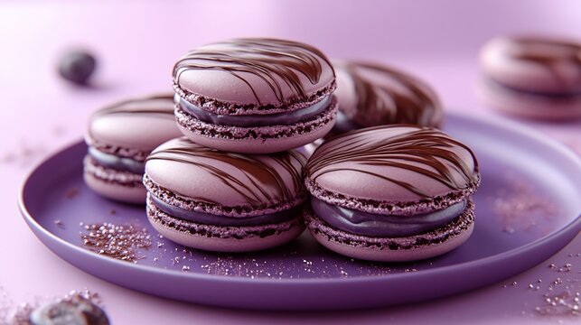 Stacked purple macarons with chocolate drizzle on a purple plate.