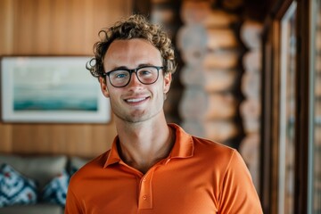 Fototapeta premium Portrait of a glad man in his 20s wearing a breathable golf polo while standing against scandinavian-style interior background