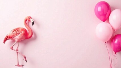 pink flamingo with pink balloons on pink background, birthday greeting concept, space for text, card layout