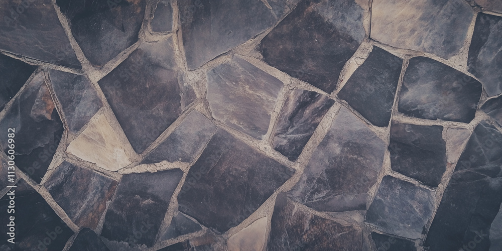Poster natural stone wall texture with irregular dark gray stones and visible grout lines