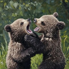 Obraz premium Cubs play rough on grass.