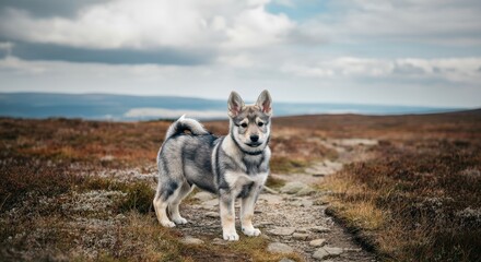 Naklejka premium Adorable young wolf-like dog in scenic mountain terrain