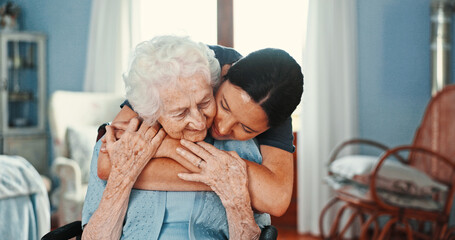 Hug, support and nurse with old woman in bedroom for healthcare, caregiver and empathy. Retirement, volunteer and elderly care with people in nursing home for trust, senior patient and help together
