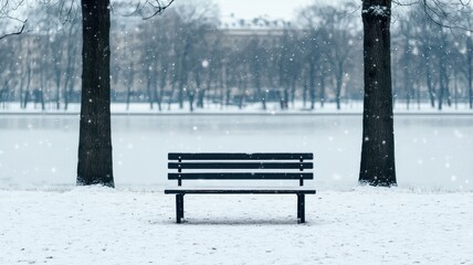 Snowy Park Bench Winter Scene Lake Trees Snowfall