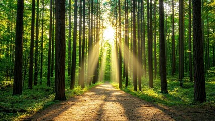 Obraz premium Sunlit Forest Path Nature Trail Trees Sunlight Woods Green
