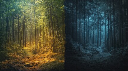 Obraz premium Dual Forest Path: Sunlit and Shadowed Woods - Dreamy Nature Split