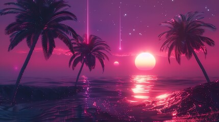 A retro futuristic beach scene with a glowing sun, palm trees, and neon lights.