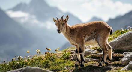 Fototapeta premium Young mountain goat in alpine landscape with scenic mountainous background