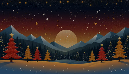 Naklejka premium Winter Night Sky With Full Moon Over Snowy Mountains And Trees