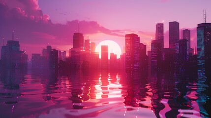 Fototapeta premium A digital art illustration of a futuristic cityscape at sunset.