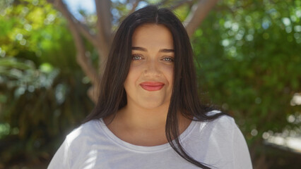 Fototapeta premium Young hispanic woman smiling in an urban park setting with lush greenery in the background on a sunny day