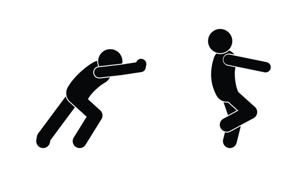 stick figure man icon, stickman pushing and pulling, isolated human silhouette, people set on transparent background