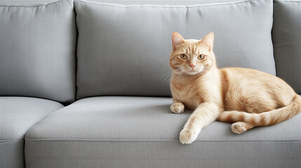 Orange tabby cat lounging on a gray couch in a modern home, basking in soft natural light. A perfect image of a relaxed domestic life.