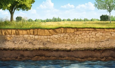 Cross-section of soil layers, vegetation, and water.