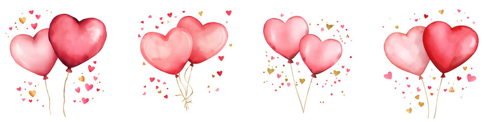 Colorful heart-shaped balloons in shades of pink and red, tied with strings, floating cheerfully.