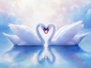 Two elegant white swans form a heart shape with their necks on a serene lake under soft pastel skies, AI