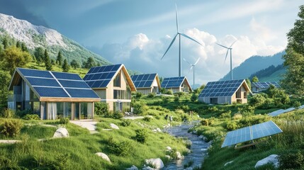 A sustainable ski resort powered by wind and solar energy
A sustainable city graphic cradled by a glowing globe
A solar farm in a desert landscape, rows of solar panels absorbing sunlight
