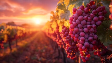 Fototapeta premium Vibrant Vineyard Sunrise with Glowing Rows of Grapes and Lifting Mist in Peaceful Countryside