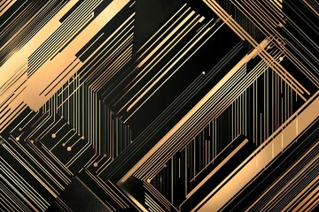 Obraz premium Abstract dark geometric background featuring glowing golden lines and sparkles, creating a modern, futuristic, and elegant design.