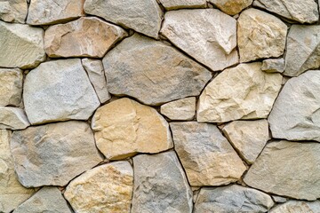 Fototapeta premium A textured stone wall made of various shapes and colors, showcasing natural rock formations in a cohesive pattern.