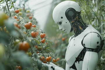 Humanoid Robot Harvesting Tomatoes in Greenhouse. AI generated illustration