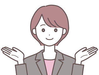 笑顔で両手を広げるスーツの女性