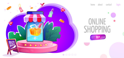 Fototapeta premium Online shopping concept. Landing page template with online store on smartphone screen. Marketing and eCommerce. Remote purchases and placing order for home delivery. Cartoon 3D vector illustration