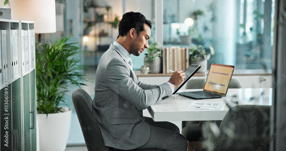 Aufkleber data, tablet and business man in office for investment stats, performance metrics and profit analyti