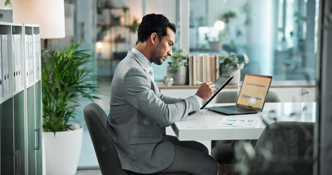 Data, tablet and business man in office for investment stats, performance metrics and profit analytics. Digital technology, pen and corporate worker research for finance, revenue growth and results