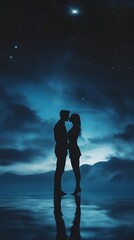Obraz premium A silhouette of two lovers kissing under the northern lights, their bodies glowing in deep blue hues against an icy landscape