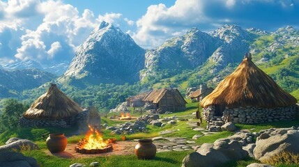 Stone Age Tribal Village with Thatched Roofs and Rocky Mountains - Cinematic Style. AI generated illustration