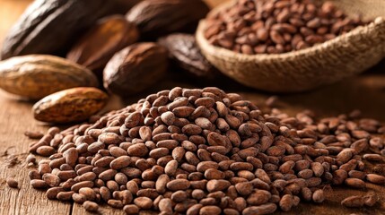 Fototapeta premium Aromatic Cacao Beans: A Close-Up View of Roasted Cacao Seeds, Ready for Chocolate Making