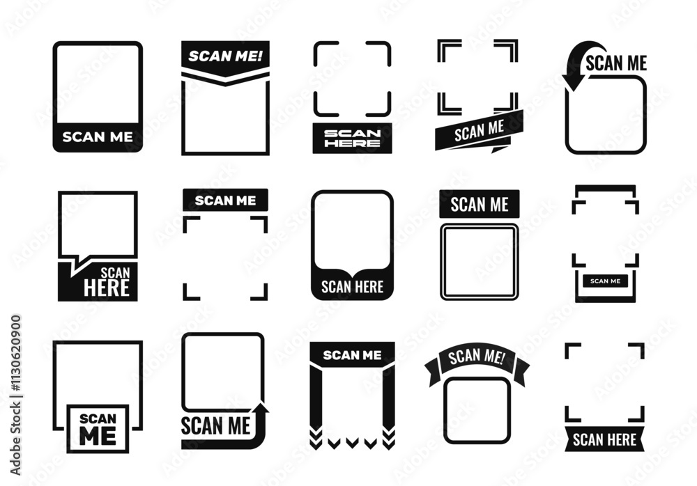 Poster scan me icon set. empty frames for scanning qr code on smartphone screen. scanning qr code in mobile