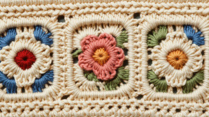 Crochet pattern, A close-up of intricate embroidery featuring colorful floral designs on a textured fabric background.