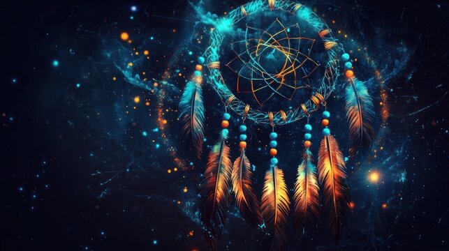Cosmic dreamcatcher with feathers and beads against a dark, starry background.