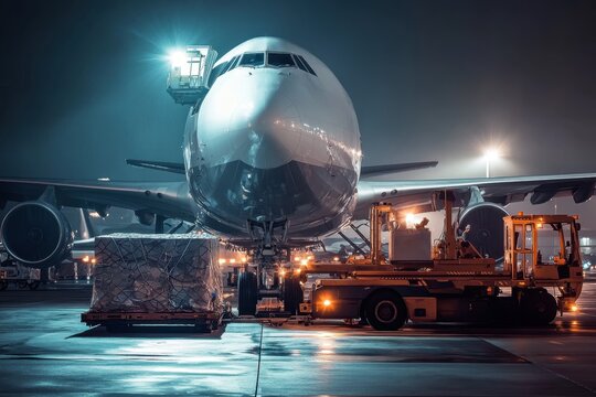 Cargo plane being loaded at airport nighttime scene industrial environment ground viewpoint efficient logistics operations for global transportation needs
