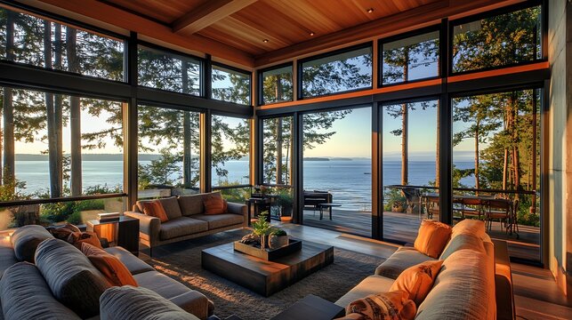 A picturesque coastal home with floor-to-ceiling windows that capture breathtaking sea views and the soothing sounds of the ocean 