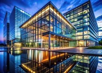 Fototapeta premium Modern Business Architecture: Sleek Glass Skyscraper Design, Futuristic Office Building Exterior