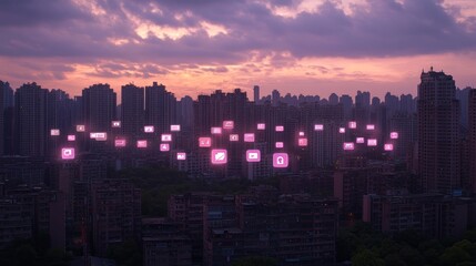 Obraz premium Digital cloud with service icons over urban skyline, representing online services, smart cities, and the impact of technology on modern society.