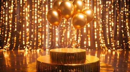 Obraz premium gold balloons with ribbons on bokeh background , abstract background,A sophisticated background with balloons and streamers that will add a touch of class to your event