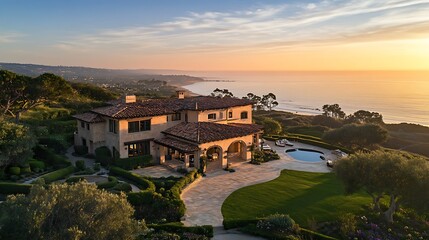 A sophisticated luxury home on the coast with panoramic ocean vistas, elegant outdoor spaces, and premium facilities for a luxurious getaway 