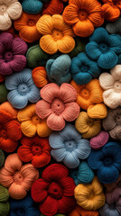 Crochet pattern, A vibrant arrangement of colorful fabric flowers, showcasing a rich palette and intricate textures, perfect for decoration or crafting inspiration.