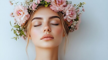 Serene woman with floral crown, eyes closed.