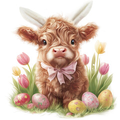 Highland Cow with Bunny Rabbits Ears - Generative AI