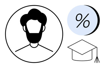 Professional profile icon with a mans silhouette inside a circle, a percentage symbol within a blue circle, and a graduation cap. Ideal for education, career, statistics, user profiles, academic