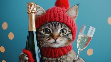 A cute cat bear holding a champagne bottle and glass, celebrating New Year’s Eve on a bright blue background, perfect for a festive greeting card.