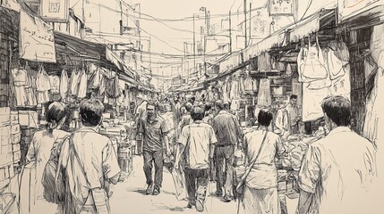 Obraz premium Ink sketch of a lively marketplace with cross-hatching adding depth to stalls, layered fabrics, and expressive vendors and shoppers.